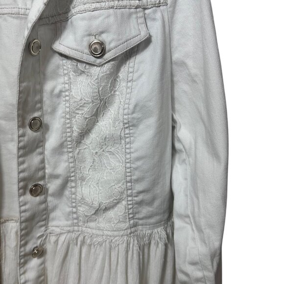 Chico’s White Lace Ruffle Hem Jean Jacket Size 1 Small Button Up - Picture 2 of 9